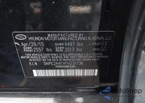 2015 Hyundai Sonata Se from USA, damaged, VIN 5NPE24AFXFH231736